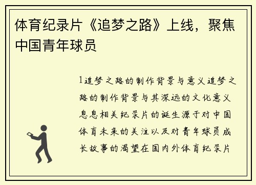体育纪录片《追梦之路》上线，聚焦中国青年球员