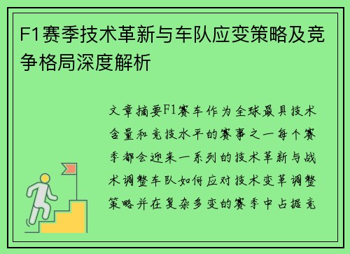F1赛季技术革新与车队应变策略及竞争格局深度解析